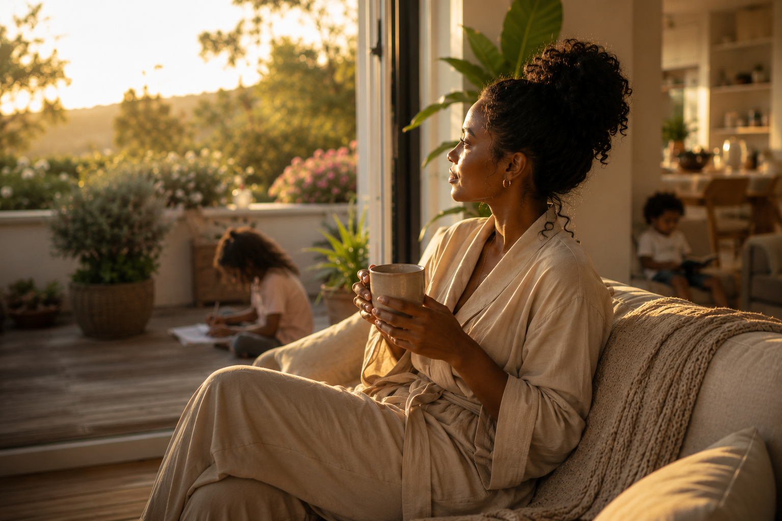 Woman holding a warm cup at sunset, peacefully gazing out from her home